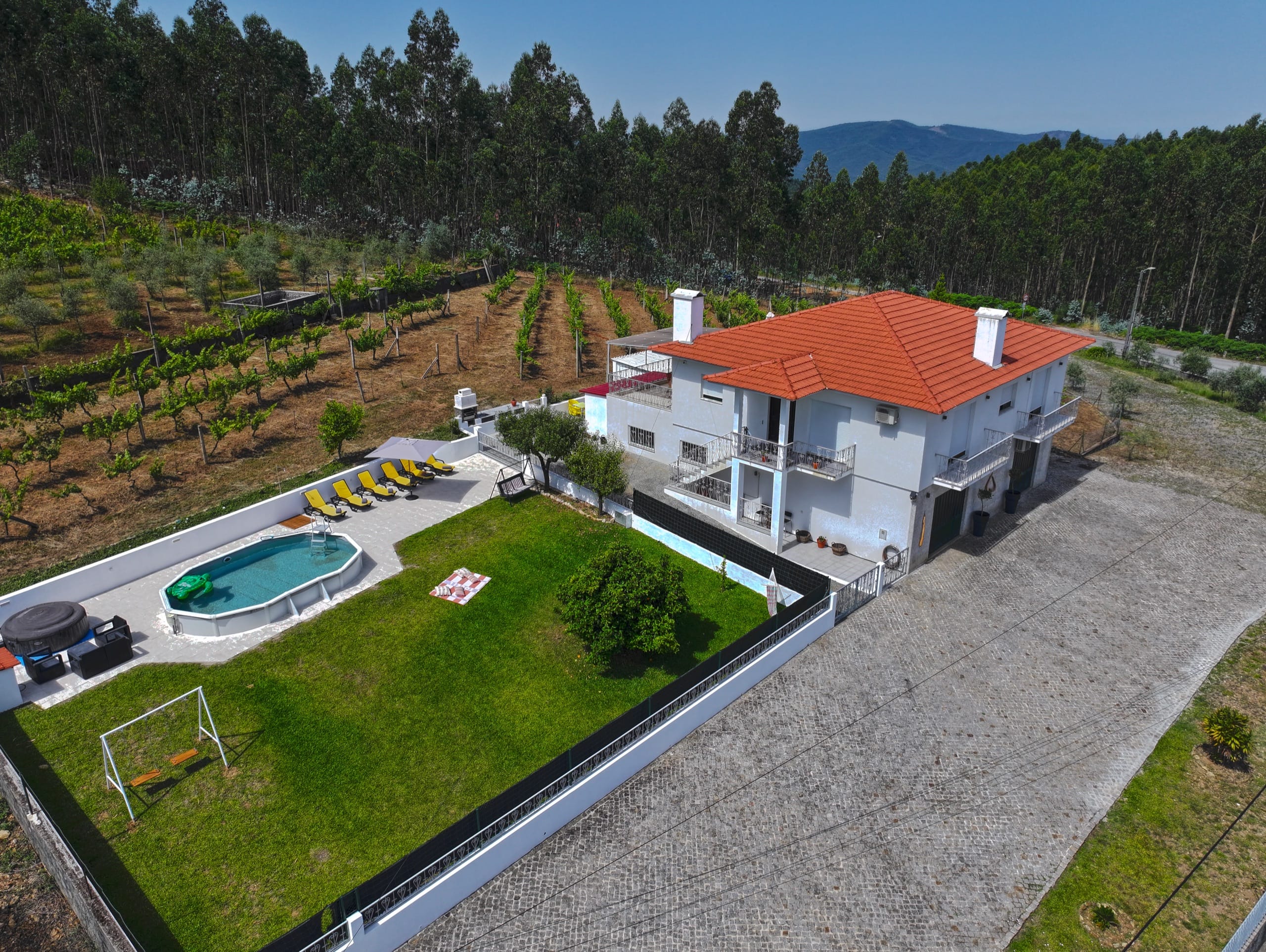 Vista aérea da Quinta do Valinho rodeada por vinhas e campo
