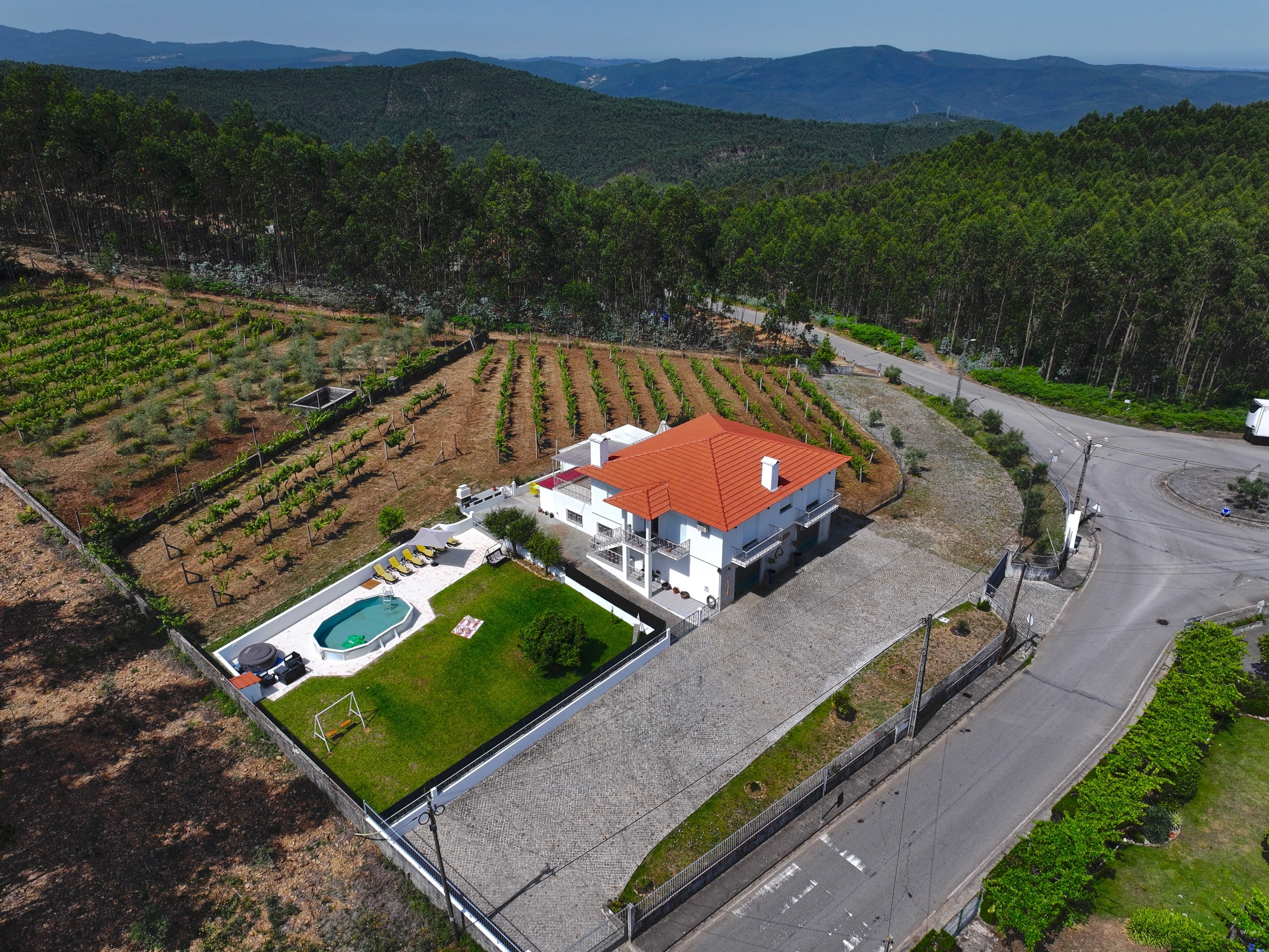 Vista aérea da Quinta do Valinho rodeada por vinhas e campo